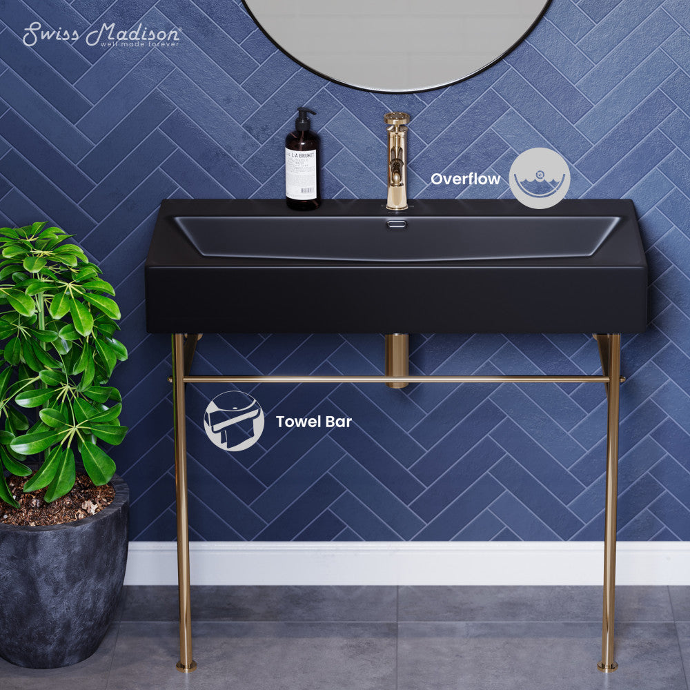 Claire 40 Ceramic Console Sink Matte Black Basin Gold Legs