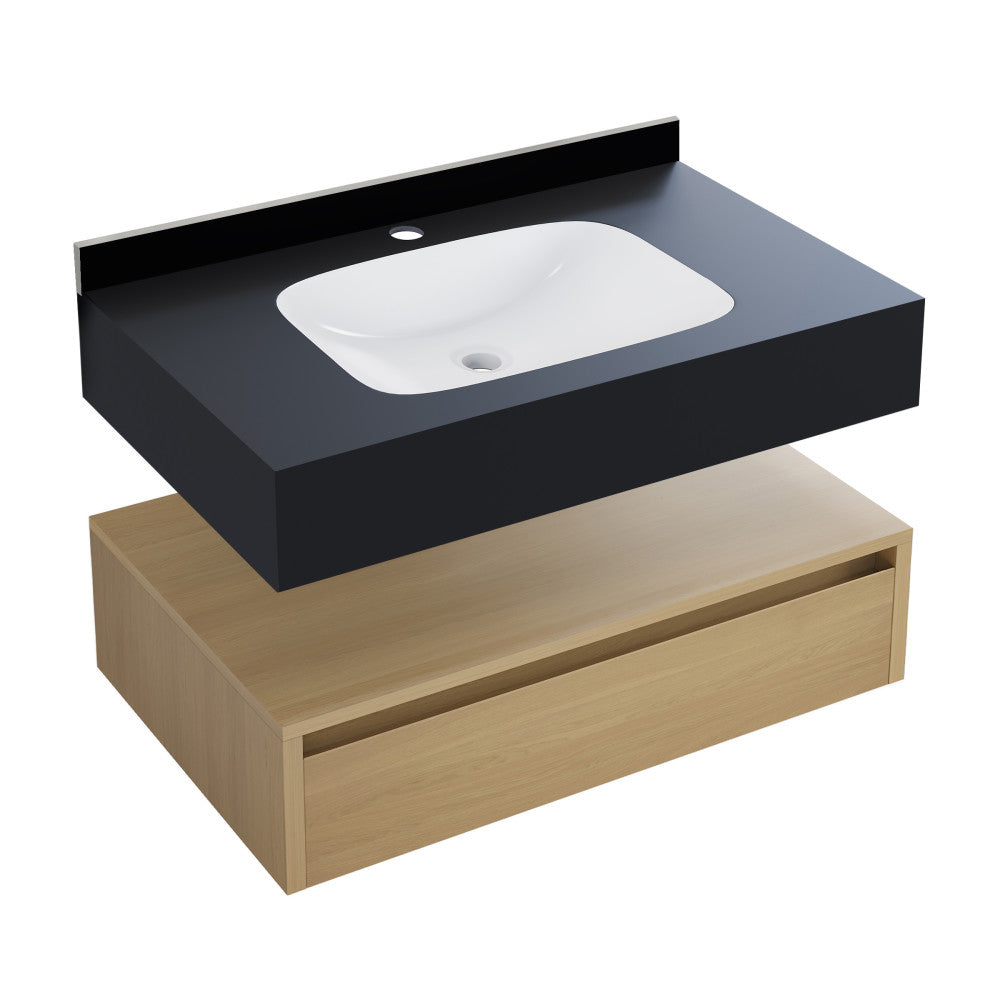 Avancer 36" Wall-Mounted Bathroom Vanity in Natural Oak with Black Marble Sink Top