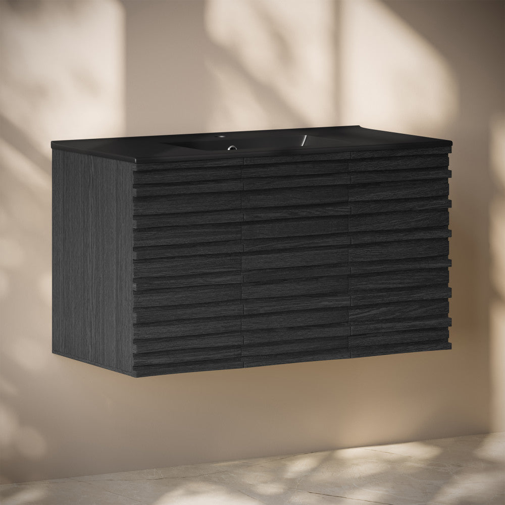 Cascade 36" Wall-Mounted Bathroom Vanity in Black Oak with Black Sink Top