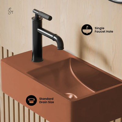 Lisse 16" Concrete Rectangle Wall-Mounted Sink with Left Side Faucet Mount in Matte Terracotta