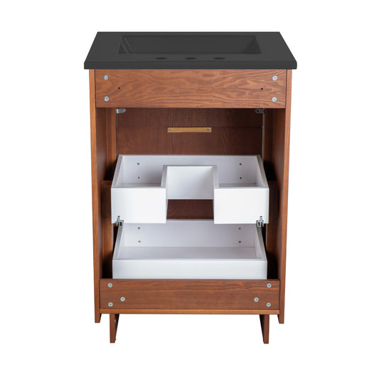 Daxton 24" Freestanding Bathroom Vanity in Brown Oak with Black 3-Hole Centerset Sink Top