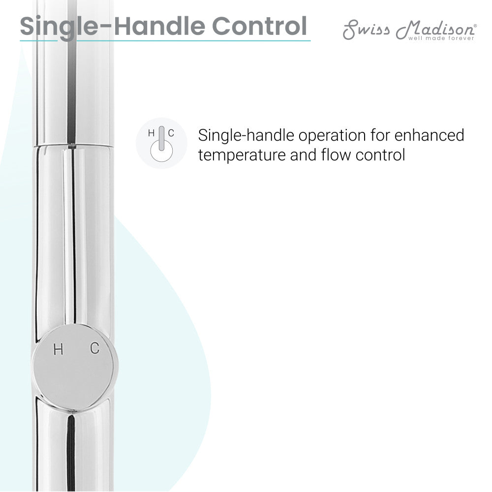 Single-handle pull-down kitchen faucet in chrome, temperature and flow control knob.