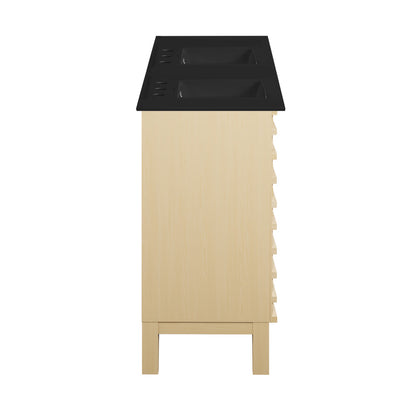 Cascade 48 in. Natural Oak, Double Basin Bathroom Vanity With Black, 3-Hole Ceramic Sink Top