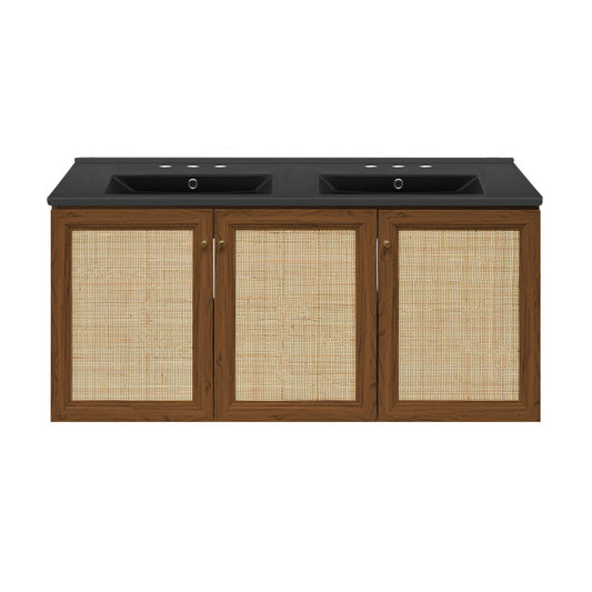 Classe 48" Wall-Mounted Bathroom Vanity in Brown Oak with Black 3-Hole Widespread Double Basin Sink Top