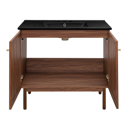 Classe 36" Freestanding Bathroom Vanity in Brown Oak with Black 3-Hole Widespread Sink Top