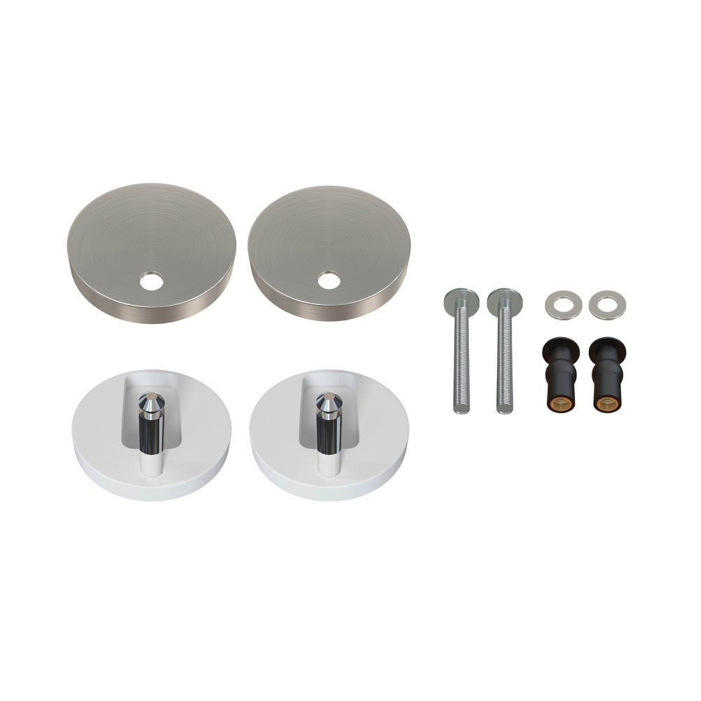 Toilet seat hardware kit with two chrome mounting caps, bolts, washers, and plastic anchors.