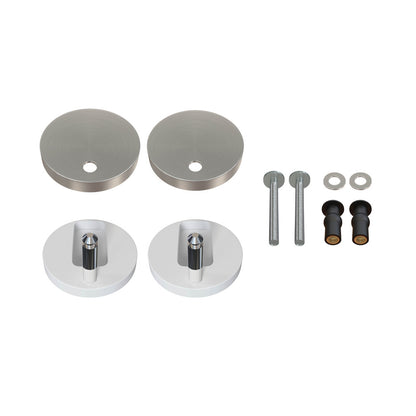 Toilet seat hardware kit with two chrome mounting caps, bolts, washers, and plastic anchors.