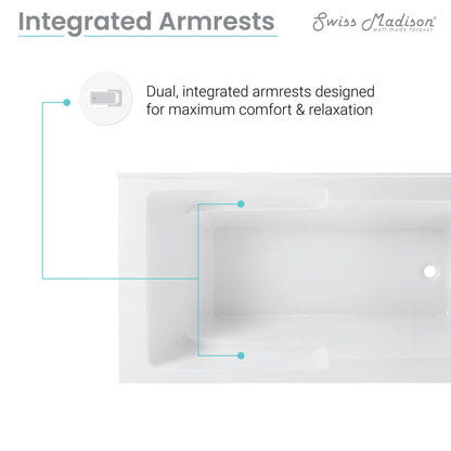 Alcove skirted bathtub 60x30 inch, right-hand drain, apron front, integrated armrests.