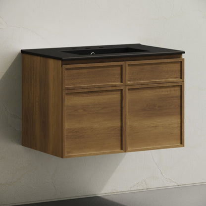 St. Tropez 30" Wall-Mounted Bathroom Vanity in Brown Oak with Black 3-Hole Widespread Sink Top