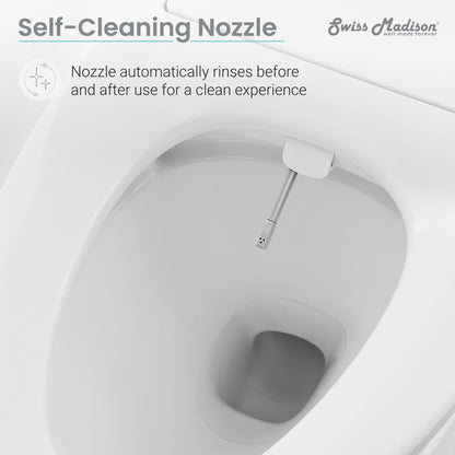 White smart toilet seat bidet with self-cleaning nozzle and elongated bowl.