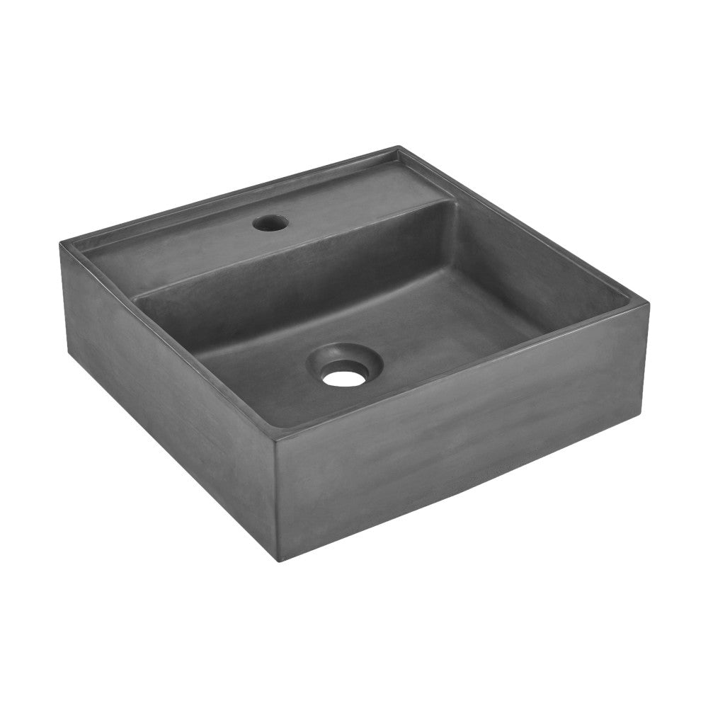 16" square concrete vessel bathroom sink in dark grey with single faucet hole and drain hole.