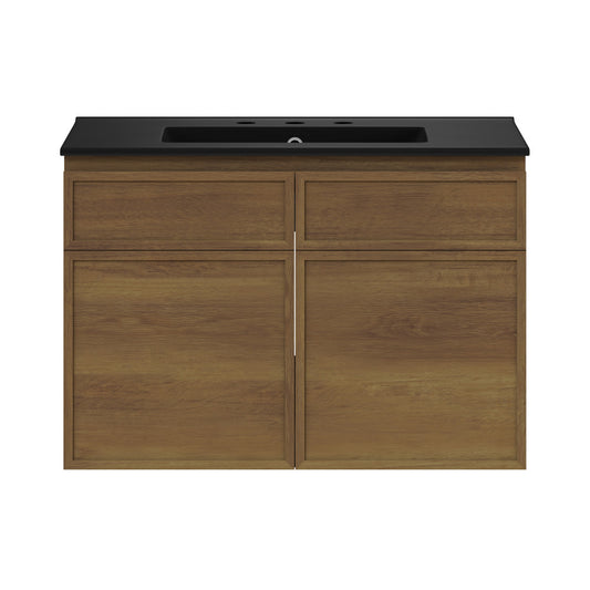 St. Tropez 30" Wall-Mounted Bathroom Vanity in Brown Oak with Black 3-Hole Widespread Sink Top