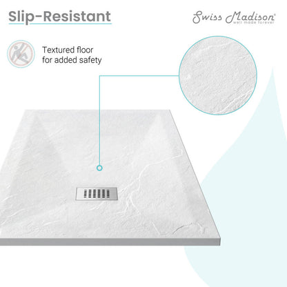 48-inch square white shower base with reversible drain and textured slip-resistant floor.