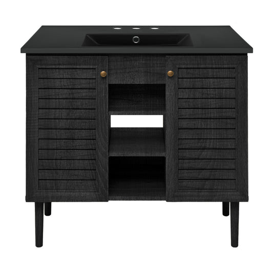 Bron 36" Freestanding Bathroom Vanity in Black Oak with Black 3-Hole Widespread Sink Top
