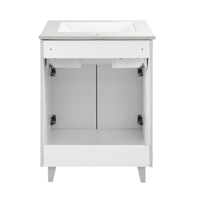24-inch freestanding bathroom vanity in shell with single sink and soft-close doors.