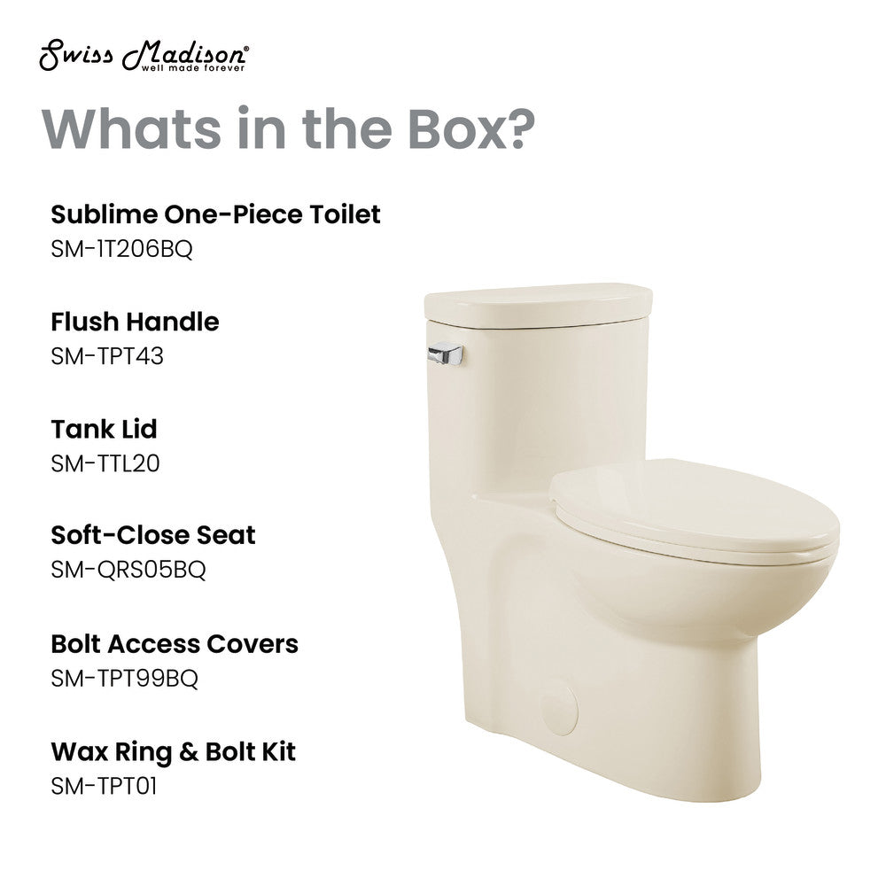 Elongated one-piece toilet in bisque with left side flush handle and soft-close seat.