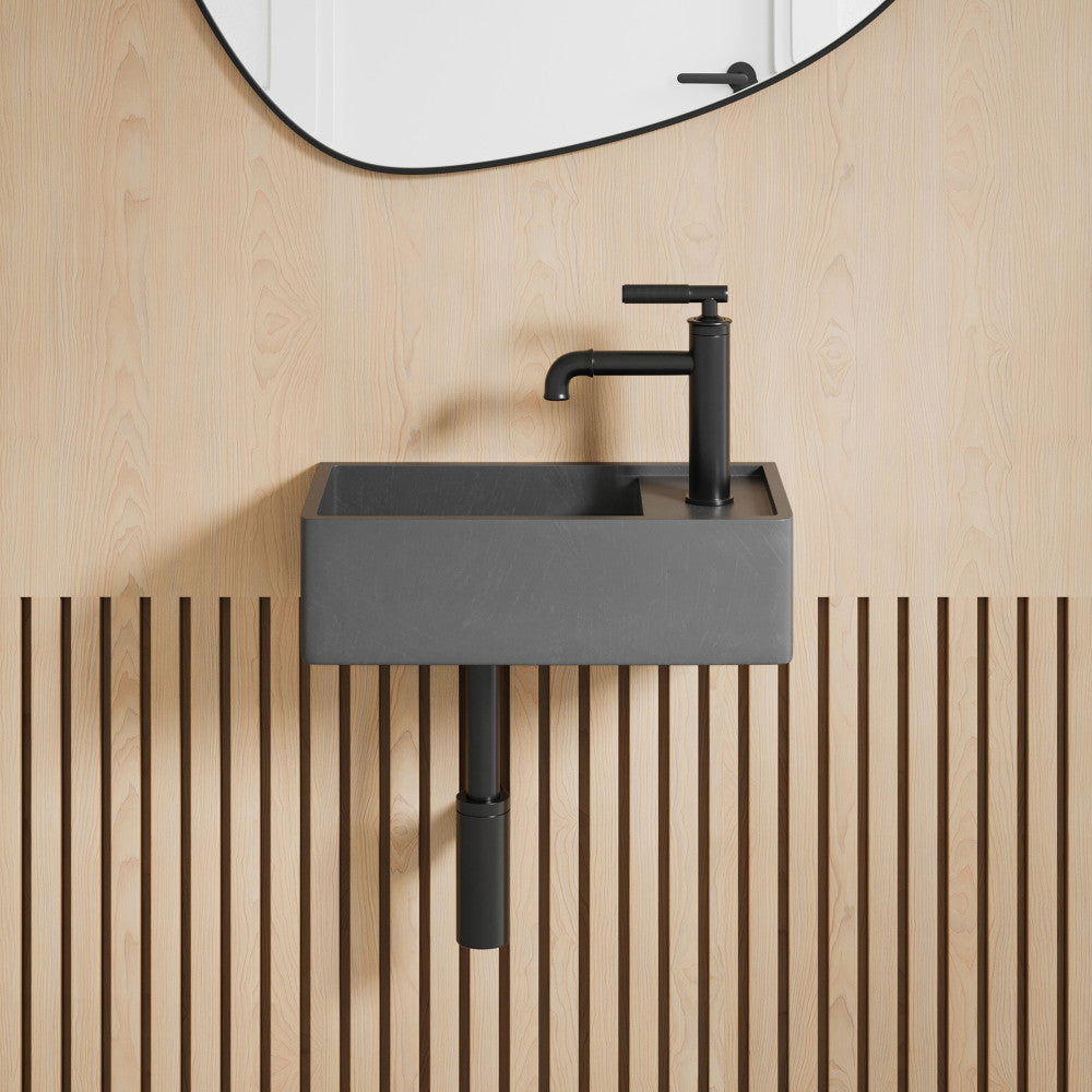 16" concrete rectangular wall-mounted bathroom sink in matte dark gray with right side faucet mount.