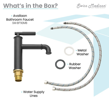 Single-handle bathroom faucet in matte black, sleek design, includes water supply lines and washers.