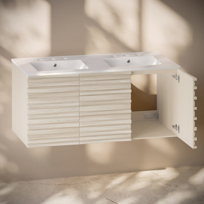 Cascade 48" Wall-Mounted Bathroom Vanity in White Oak with 3-Hole Centerset Double Basin Sink Top