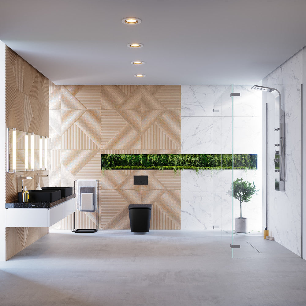 Wall-hung toilet bowl in matte black with sleek, minimalist design.