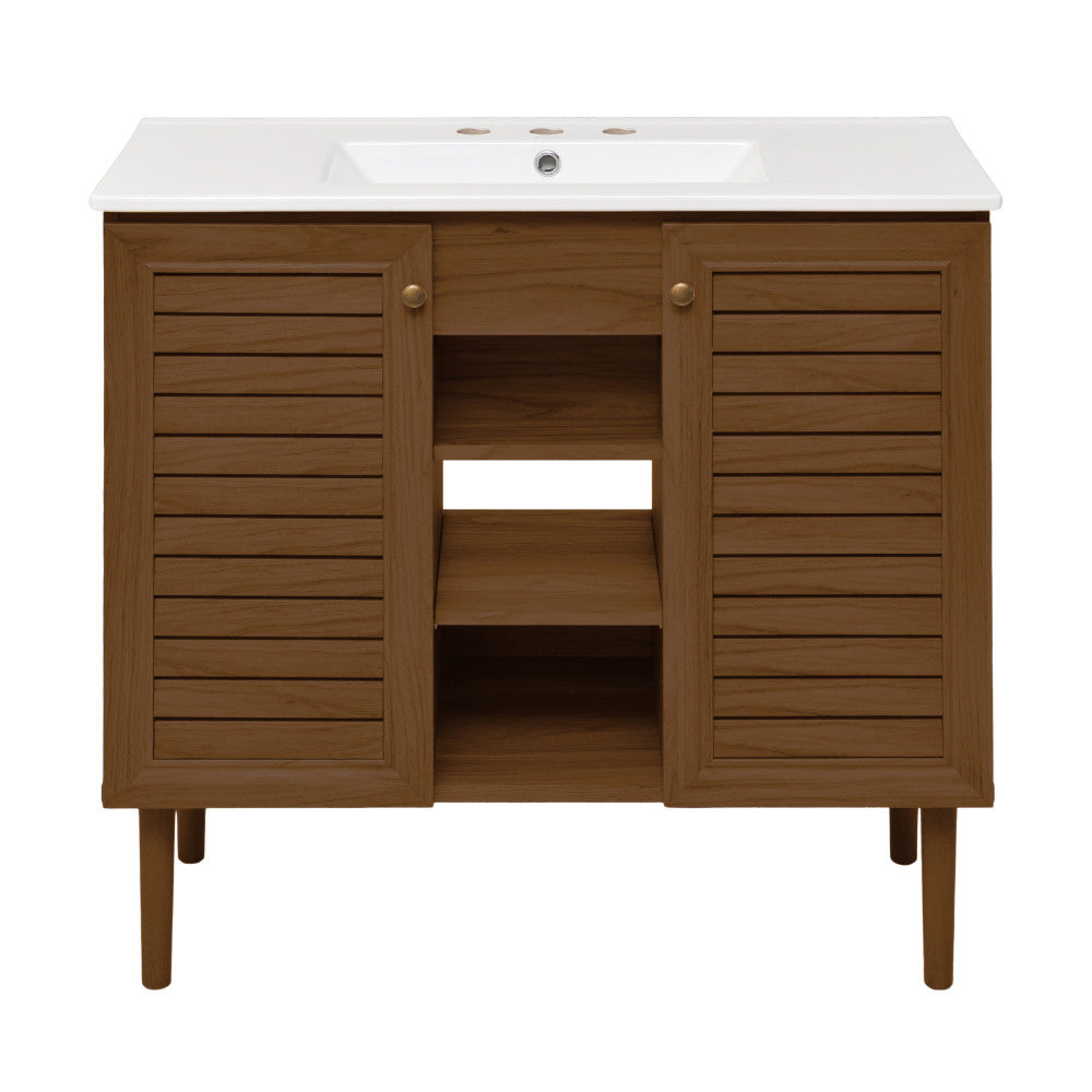 Bron 36" Freestanding Bathroom Vanity in Brown Oak with 3-Hole Widespread Sink Top