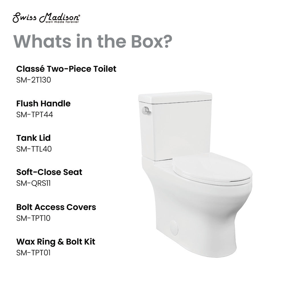 Elongated two-piece toilet with left side flush handle, soft-close seat, and compact design.
