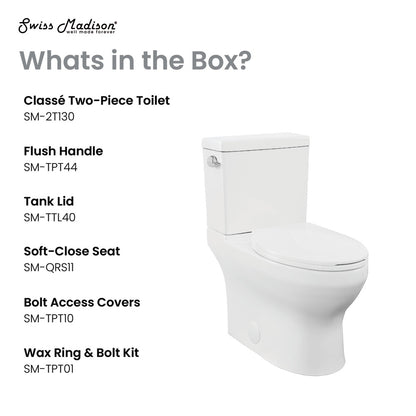 Elongated two-piece toilet with left side flush handle, soft-close seat, and compact design.