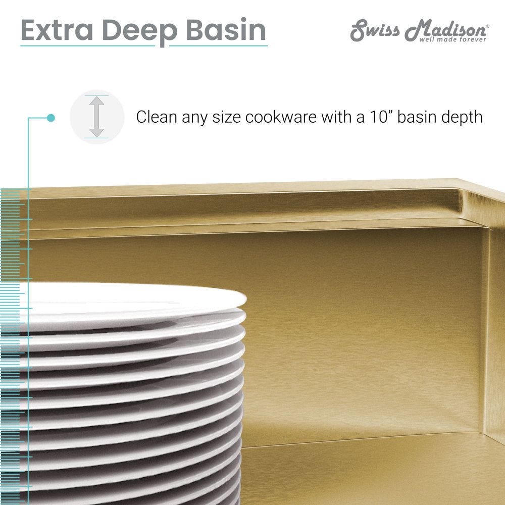 30x19-inch gold stainless steel undermount kitchen sink with single basin and deep basin design.