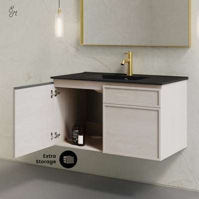 St. Tropez 36" Wall-Mounted Bathroom Vanity in White Oak with Black Sink Top