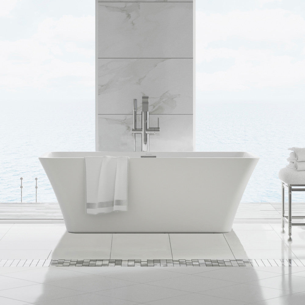 Freestanding white soaking bathtub 60 inch with center drain and floor-mounted chrome faucet.