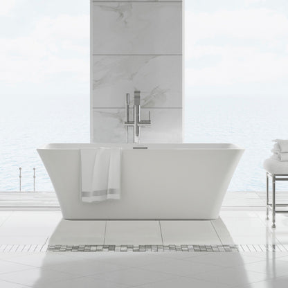 Freestanding white soaking bathtub 60 inch with center drain and floor-mounted chrome faucet.