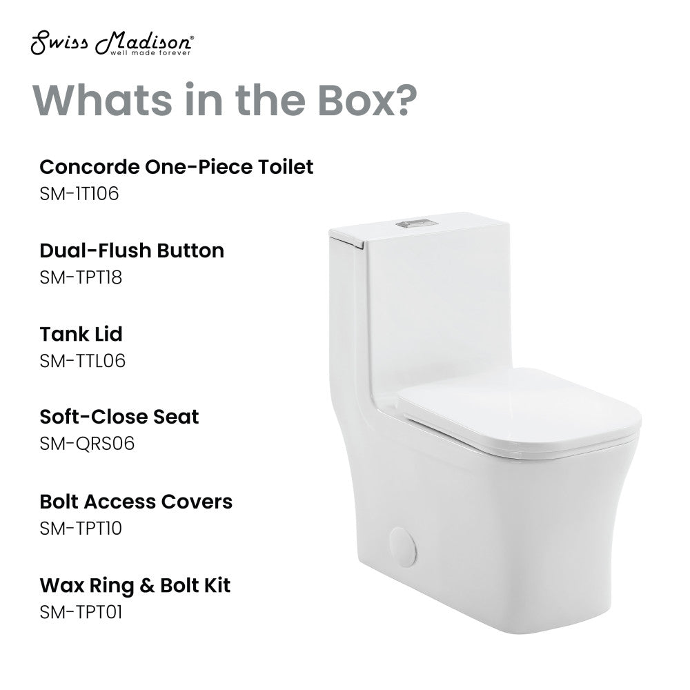 Elongated one-piece toilet in glossy white, dual flush, skirted trapway, soft-close seat.