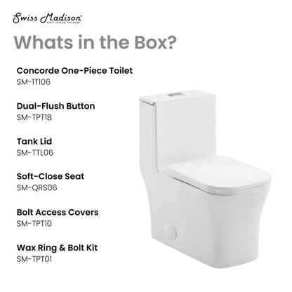 Elongated one-piece toilet in glossy white, dual flush, skirted trapway, soft-close seat.