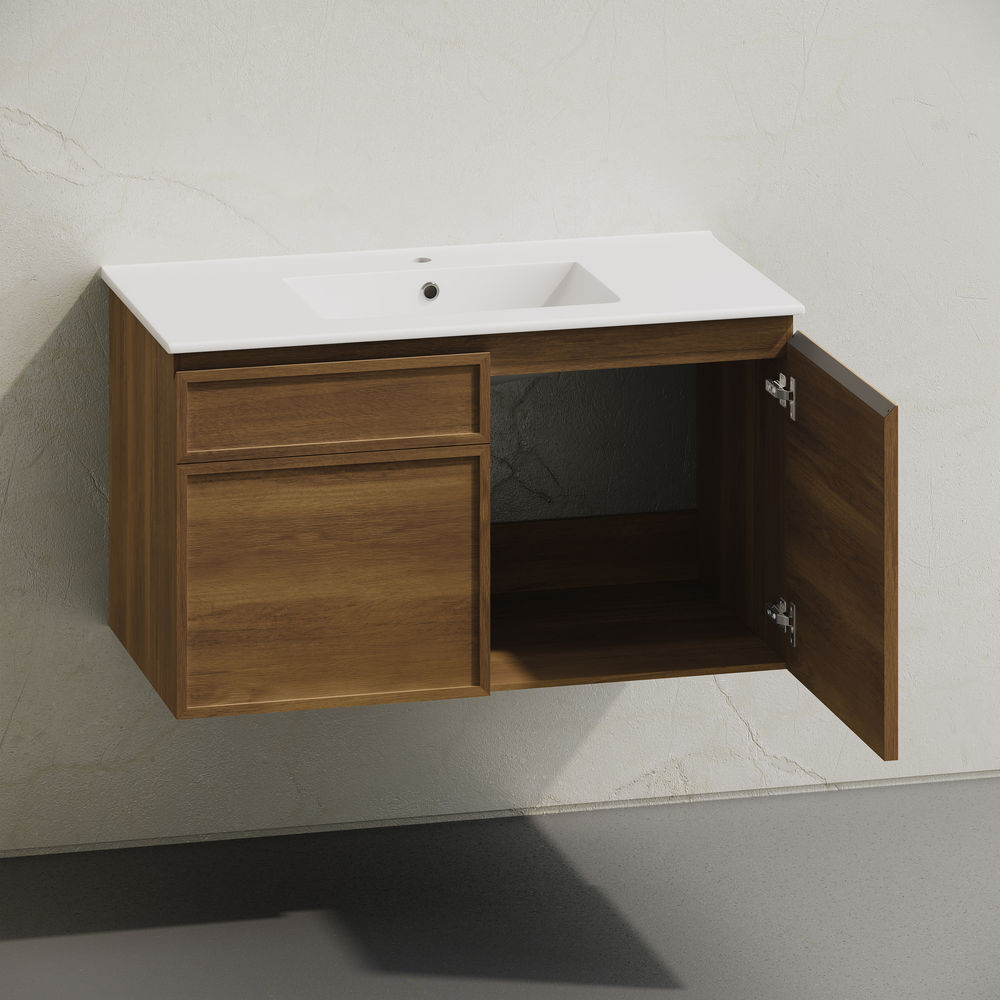 St. Tropez 36" Wall-Mounted Bathroom Vanity in Brown Oak with Sink Top