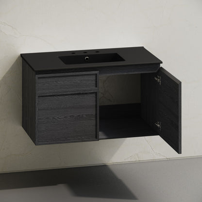 St. Tropez 36" Wall-Mounted Bathroom Vanity in Black Oak with Black 3-Hole Widespread Sink Top