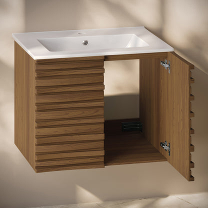 Cascade 30" Wall-Mounted Bathroom Vanity in Brown Oak with Sink Top