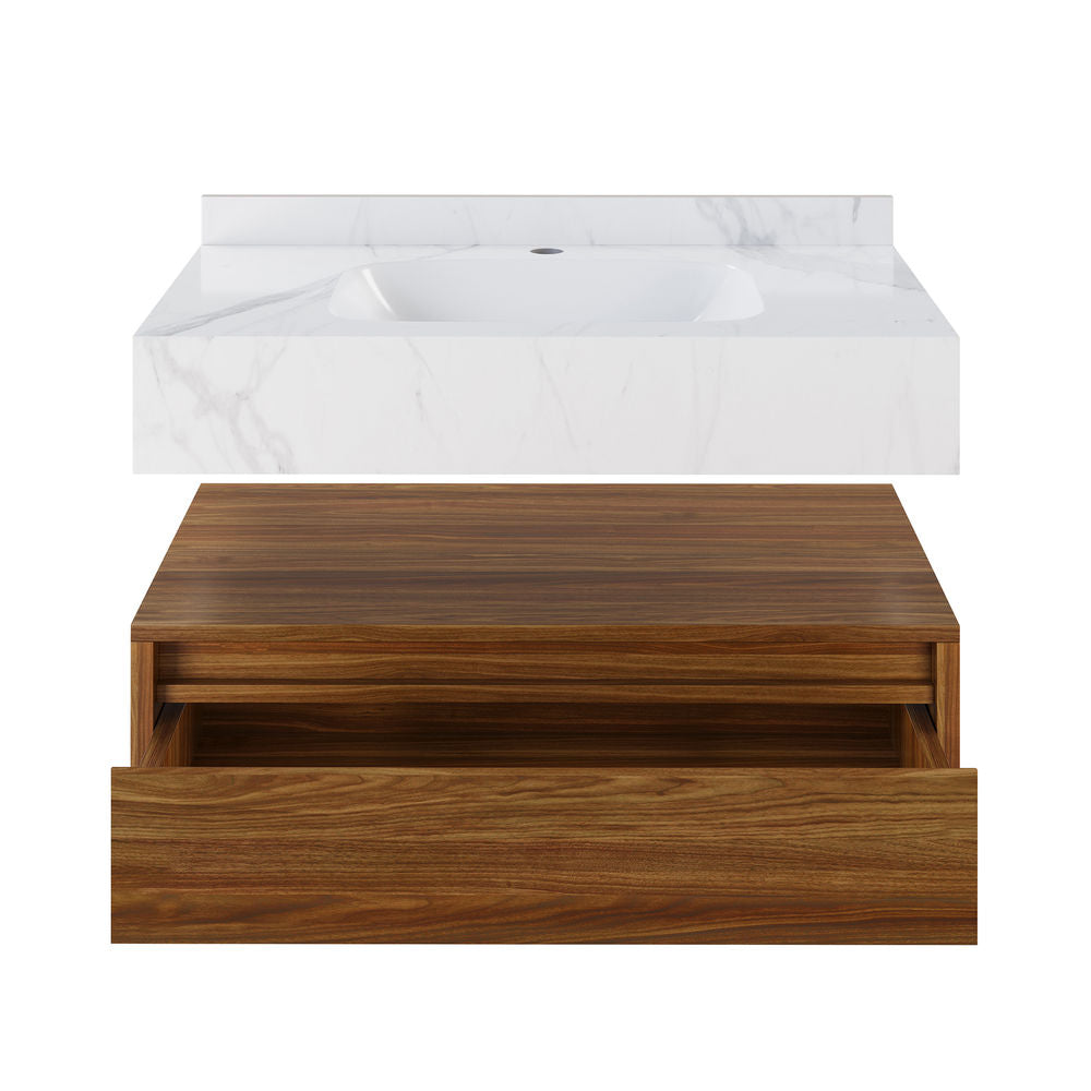 Avancer 36" Wall-Mounted Bathroom Vanity in Brown Oak with White Marble Sink Top