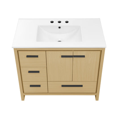 Virage 36 in. Brown Oak Bathroom Vanity With White, 3-Hole Ceramic Sink Top