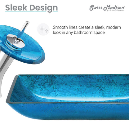 Rectangular ocean blue glass vessel sink with matching single-handle chrome faucet, modern sleek design.