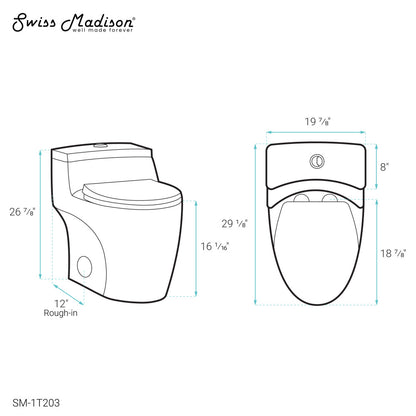 Elongated one-piece toilet with dual-flush, compact design, white ceramic, dimensions shown in blueprint style.