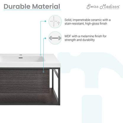 30-inch wall-mounted bathroom vanity in black oak with single sink and open shelf.