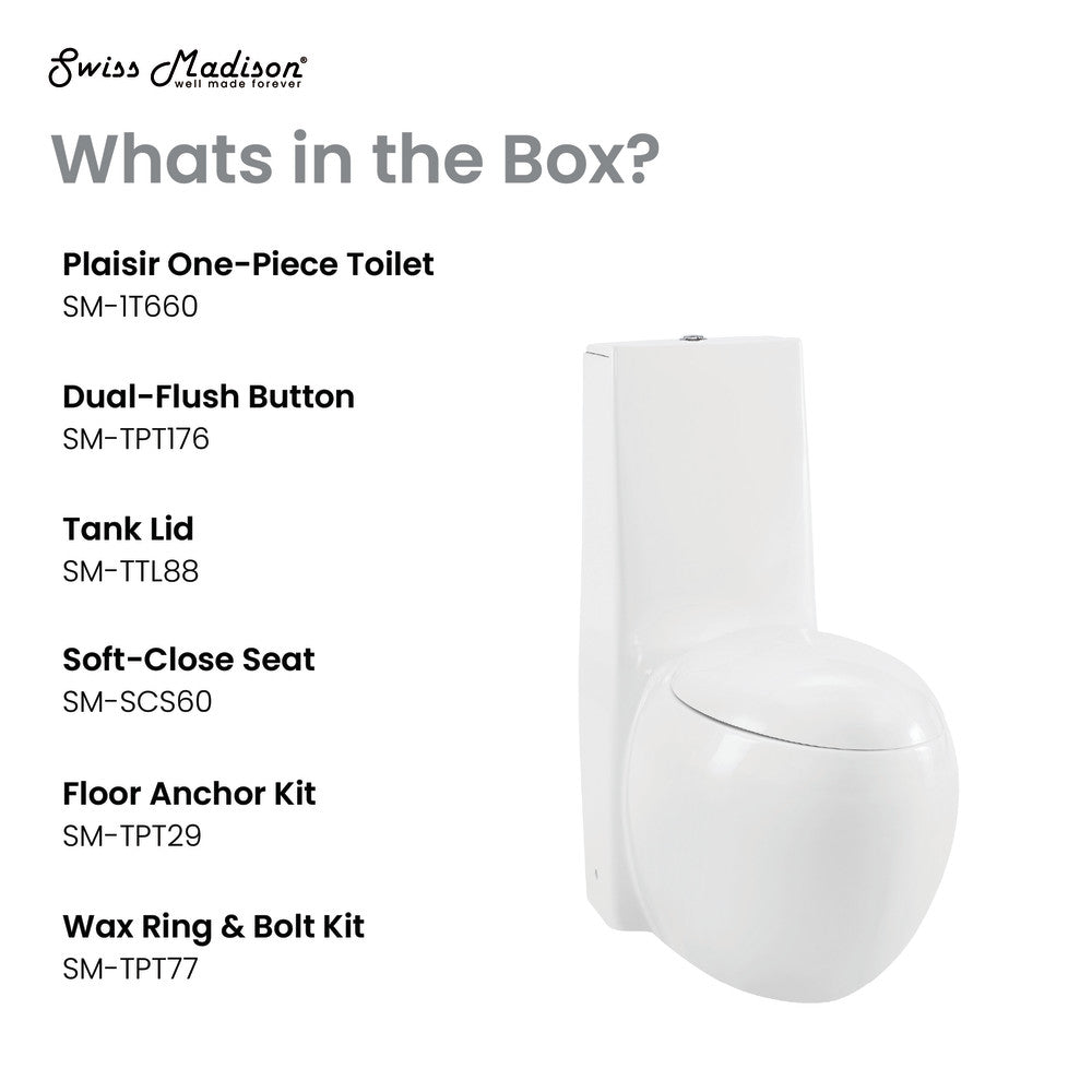 Elongated one-piece toilet, dual-flush, soft-close seat, compact white design.