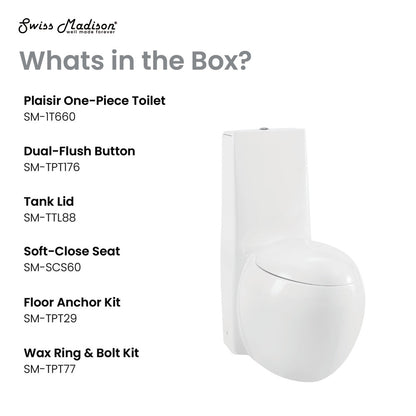 Elongated one-piece toilet, dual-flush, soft-close seat, compact white design.