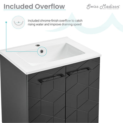 24-inch freestanding bathroom vanity in phantom black with single sink and geometric patterned doors.