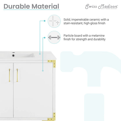 36-inch freestanding white bathroom vanity with sink top, soft-close doors, and gold hardware.
