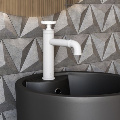 Single-handle bathroom faucet in matte white with wheel handle and curved spout.