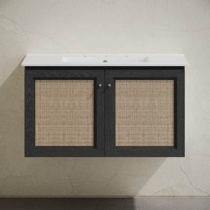 Classe 36" Wall-Mounted Bathroom Vanity in Black Oak with Widespread Faucet Holes Vanity Top