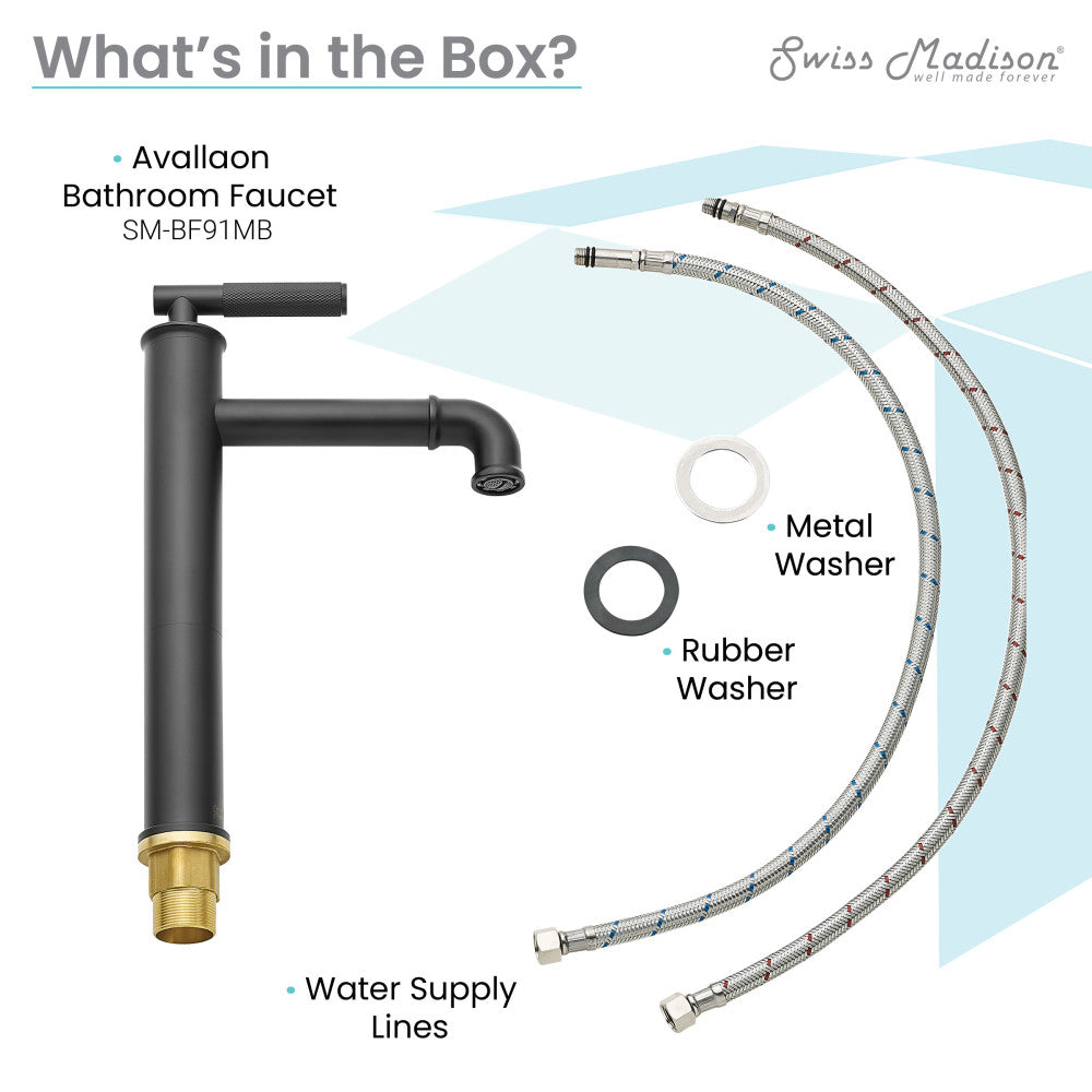 Single-handle high arc bathroom faucet in matte black with water supply lines and washers included.