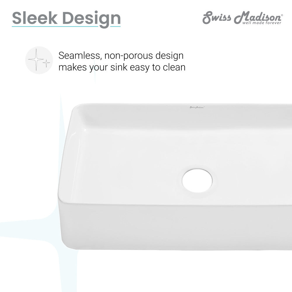 24-inch white rectangular ceramic vessel sink with seamless, non-porous design and center drain hole.