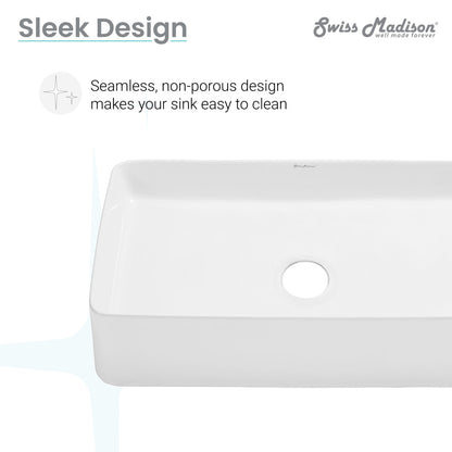 24-inch white rectangular ceramic vessel sink with seamless, non-porous design and center drain hole.